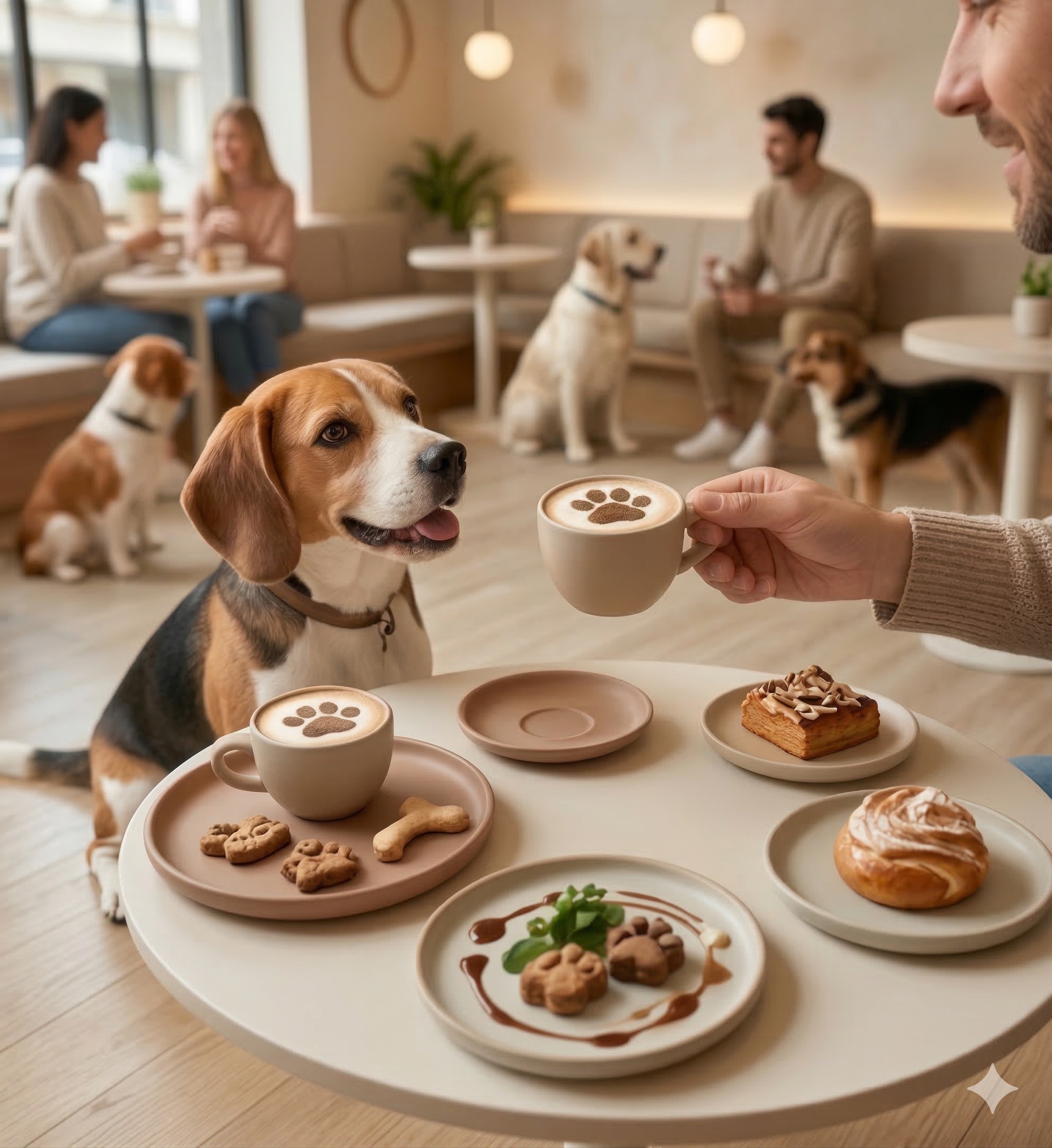 Pet Cafe service area with dogs and puppuccino